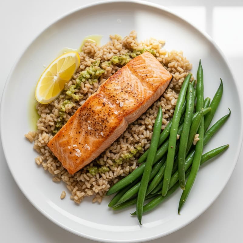 Seared Salmon Fillet with Steamed Green Beans and Brown Rice
