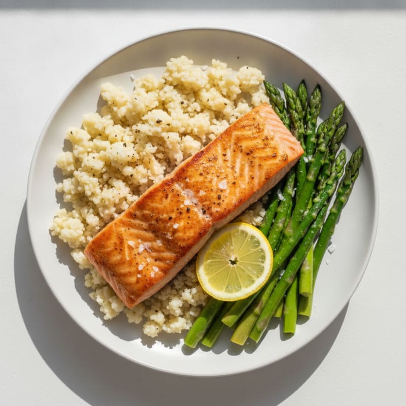 Seared Salmon with Steamed Asparagus and Cauliflower Rice