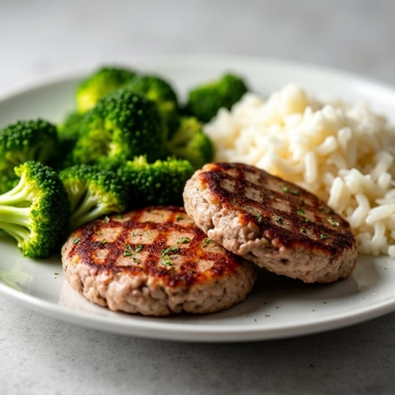 Seared Ground Beef Patties with Garlic Broccoli and Steamed Rice