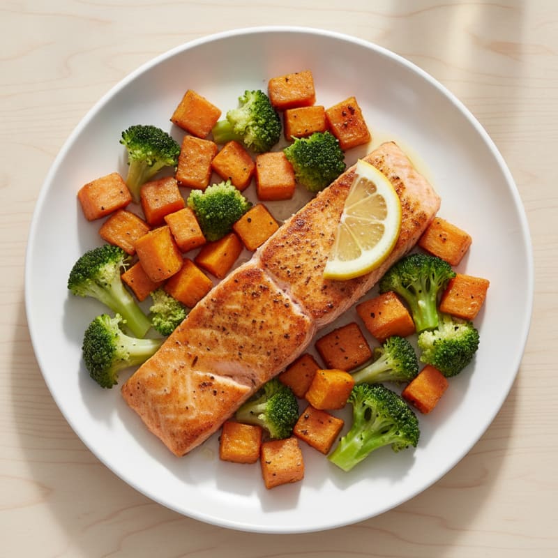 Seared Salmon with Roasted Sweet Potato and Steamed Broccoli