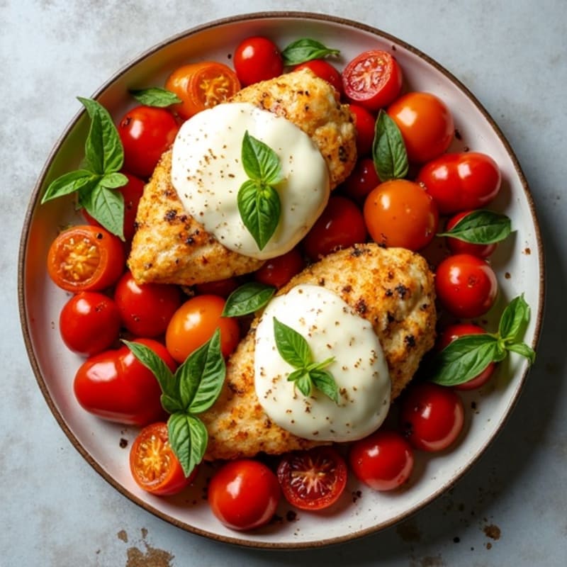Sheet Pan Chicken with Roasted Tomatoes, Fresh Basil, and Melted Mozzarella