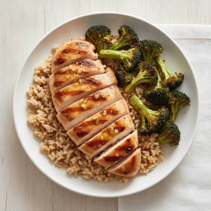 Grilled Chicken Breast with Brown Rice and Roasted Broccoli