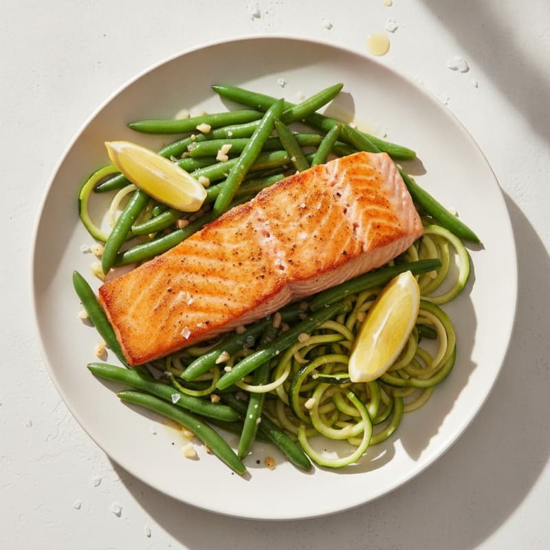 Seared Salmon with Garlic Green Beans and Zucchini Noodles