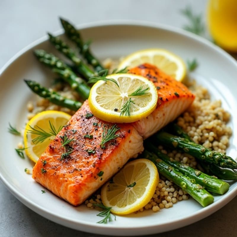 Lemon Herb Grilled Salmon with Steamed Asparagus and Quinoa