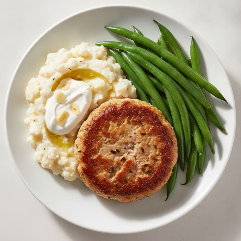Seared Turkey Burger with Steamed Green Beans and Garlic Mashed Cauliflower