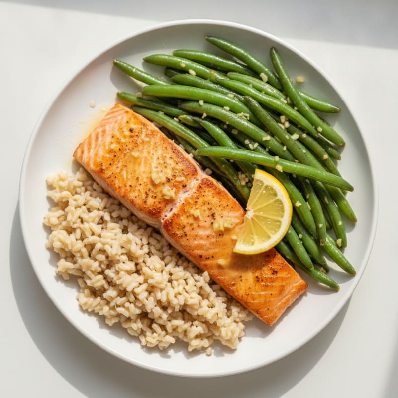 Seared Salmon with Garlic Green Beans and Brown Rice