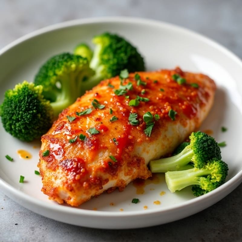 Crispy Baked Chicken with Sweet and Spicy Garlic Glaze and Steamed Broccoli