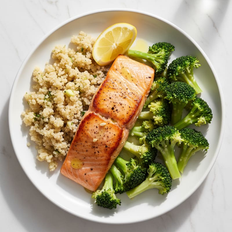 Seared Salmon with Steamed Broccoli and Quinoa