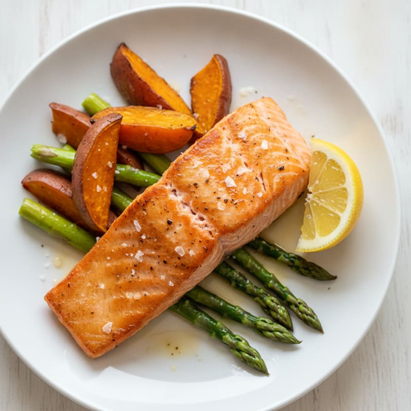 Seared Salmon Fillet with Roasted Sweet Potato and Asparagus