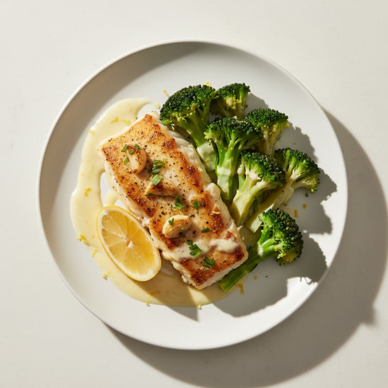 Roasted White Fish with Steamed Broccoli and Lemon