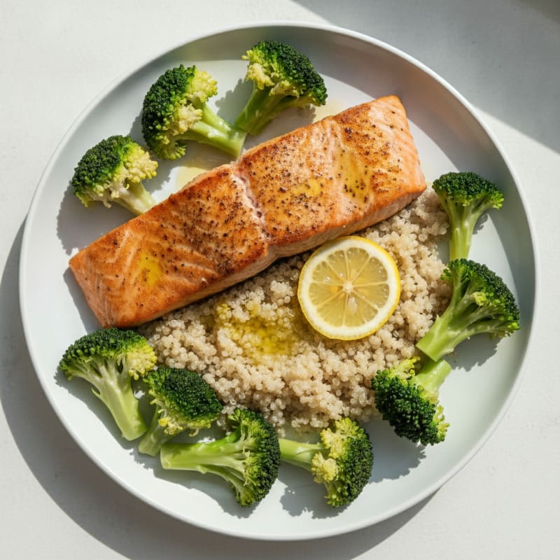Seared Salmon with Steamed Broccoli and Quinoa