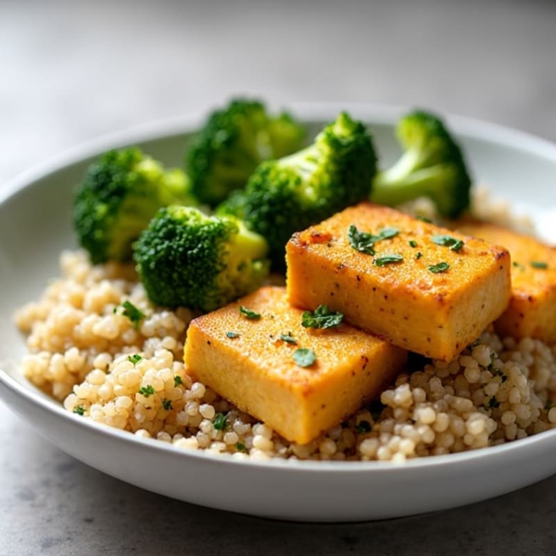 Crispy Lemon-Herb Tofu with Roasted Broccoli and Quinoa