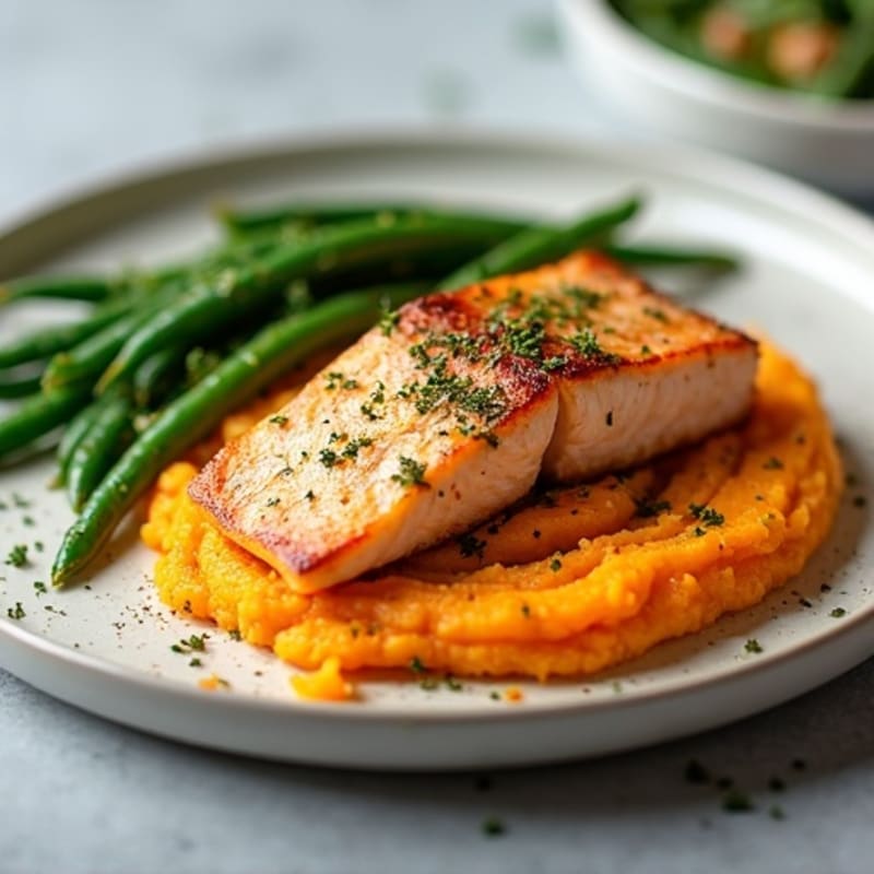 Seared Salmon with Steamed Green Beans and Sweet Potato Mash