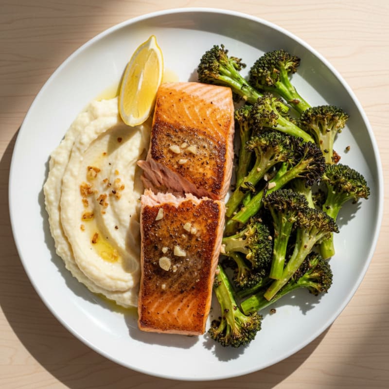Seared Salmon Filet with Roasted Broccoli and Garlic Mash