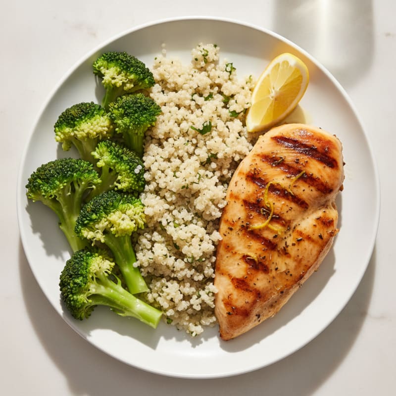 Grilled Chicken Breast with Steamed Broccoli and Quinoa