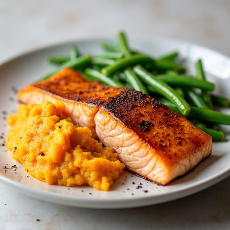 Seared Salmon Fillet with Steamed Green Beans and Sweet Potato Mash
