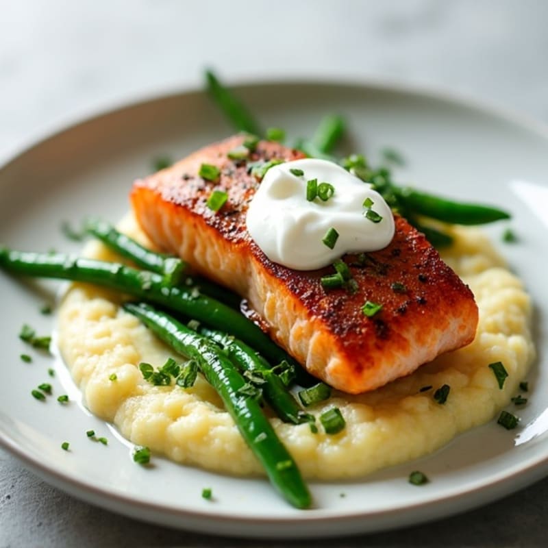 Seared Salmon with Steamed Green Beans and Cauliflower Mash