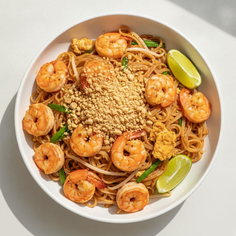 Shrimp Pad Thai Noodles with Peanuts