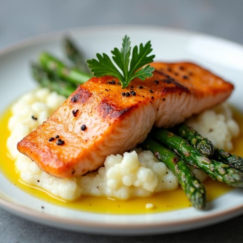 Seared Salmon Fillet with Roasted Asparagus and Cauliflower Mash