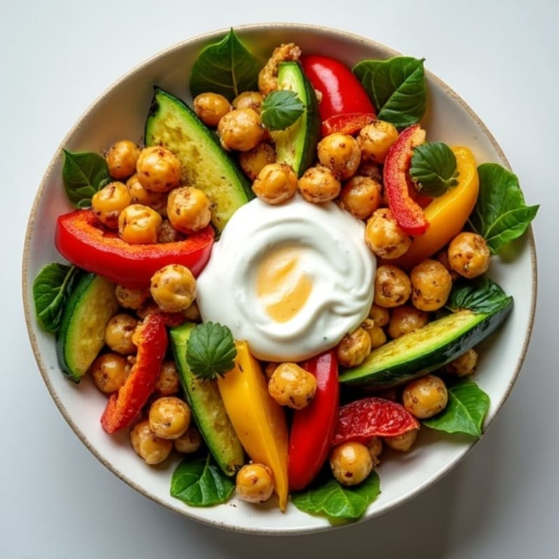 Crispy Spiced Chickpea and Roasted Vegetable Bowl with Creamy Lemon Tahini
