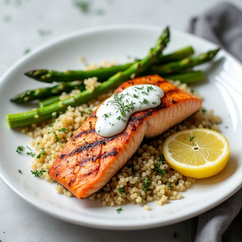 Grilled Salmon with Steamed Asparagus and Quinoa