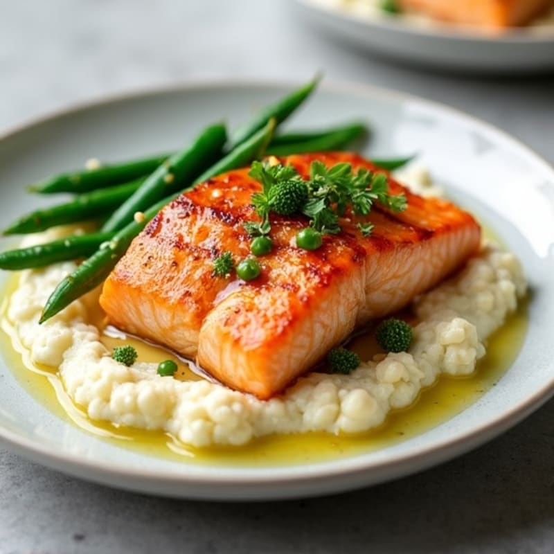 Seared Salmon with Garlic Green Beans and Cauliflower Mash