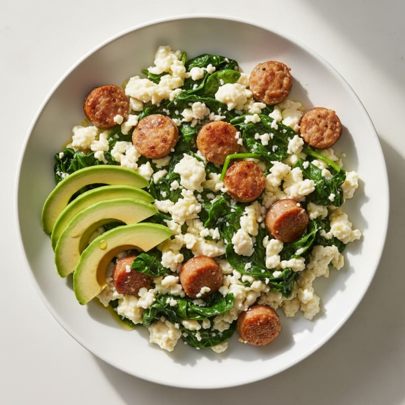 Egg White and Turkey Sausage Scramble with Sautéed Spinach