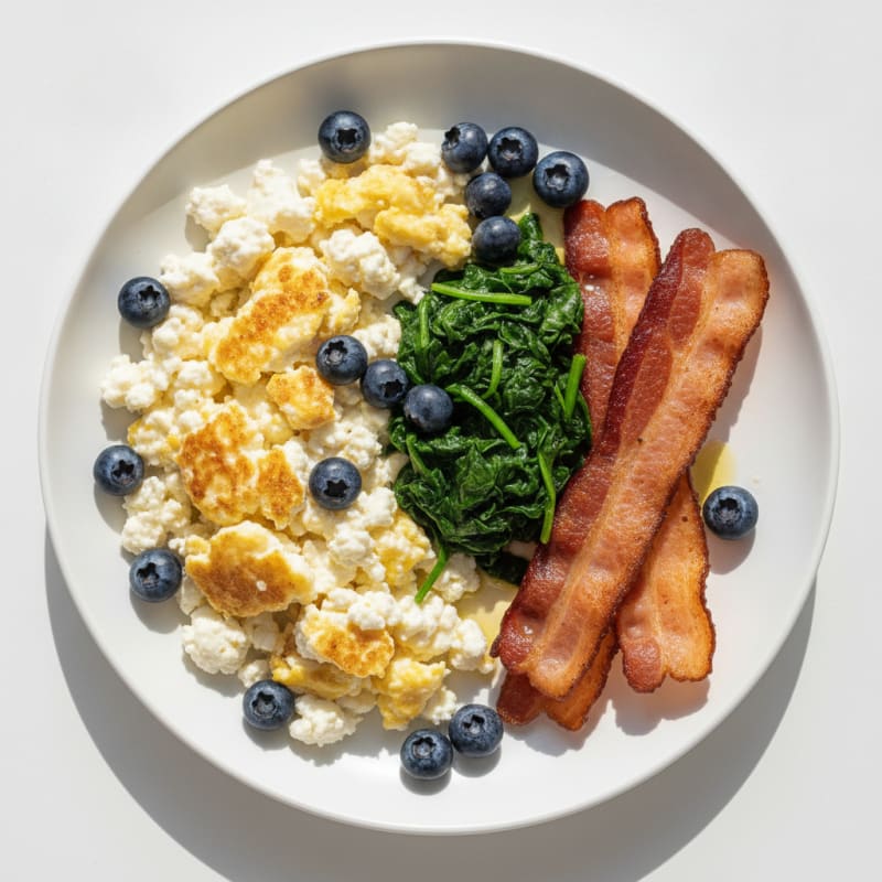 Cottage Cheese Scramble with Turkey Bacon and Sautéed Spinach