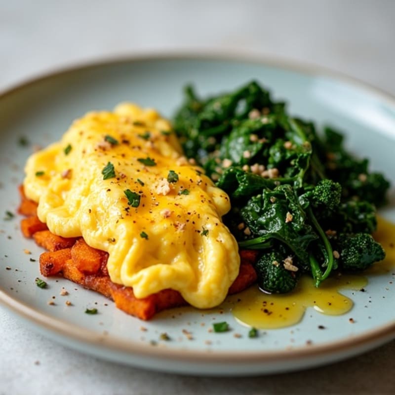 Fluffy Scrambled Eggs with Crispy Sweet Potato Hash and Sautéed Greens