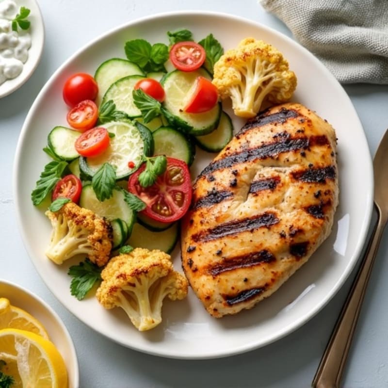 Grilled Lemon-Herb Chicken with Roasted Cauliflower and Creamy Cucumber-Tomato Salad