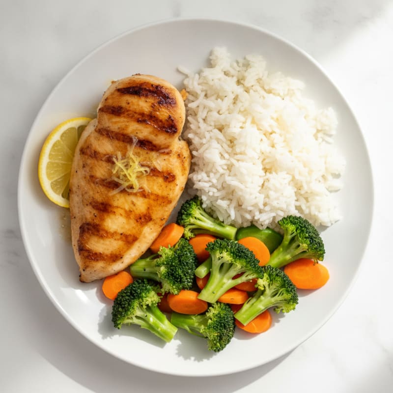 Seared Chicken Breast with Steamed Veggies and Jasmine Rice