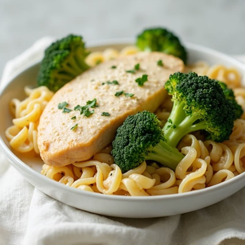 Healthy Creamy Chicken Alfredo with Roasted Broccoli