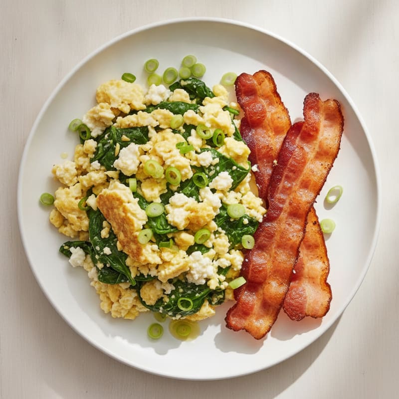 Cottage Cheese Scramble with Spinach and Turkey Bacon