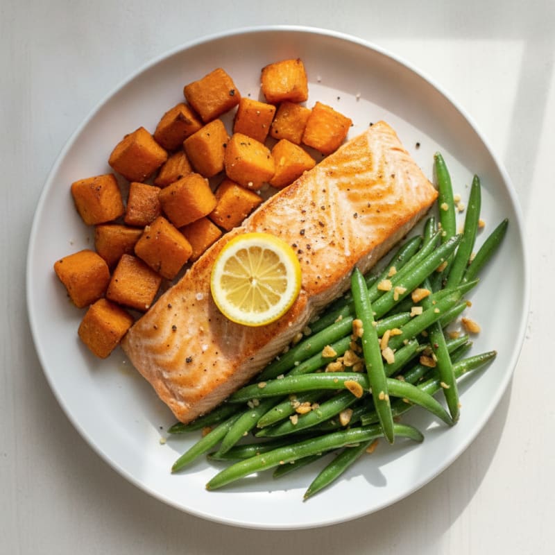 Seared Salmon with Roasted Sweet Potato and Garlic Green Beans
