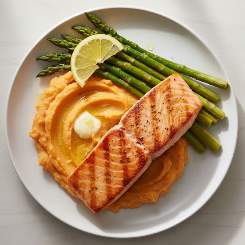 Seared Salmon Fillet with Roasted Asparagus and Sweet Potato Mash