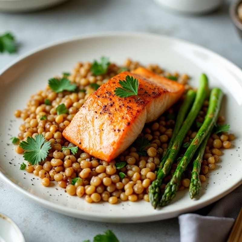 Seared Salmon with Lentil Salad and Roasted Asparagus