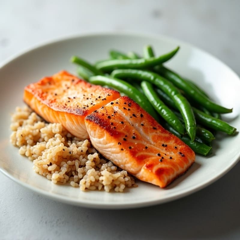 Seared Salmon with Steamed Green Beans and Brown Rice