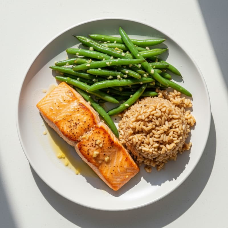 Seared Salmon with Garlic Green Beans and Brown Rice