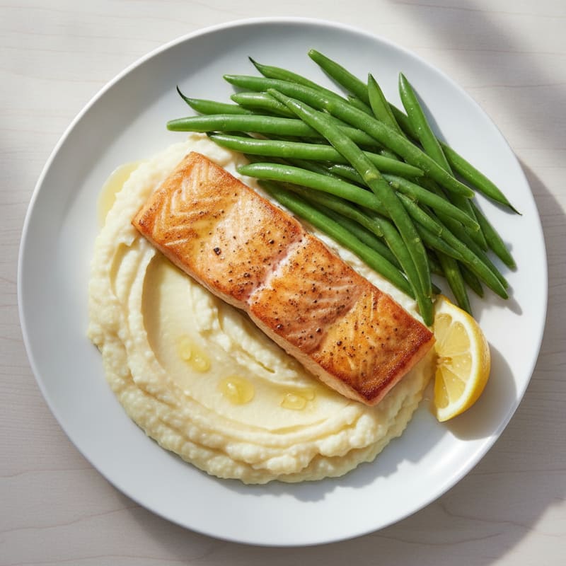 Seared Salmon with Steamed Green Beans and Cauliflower Mash