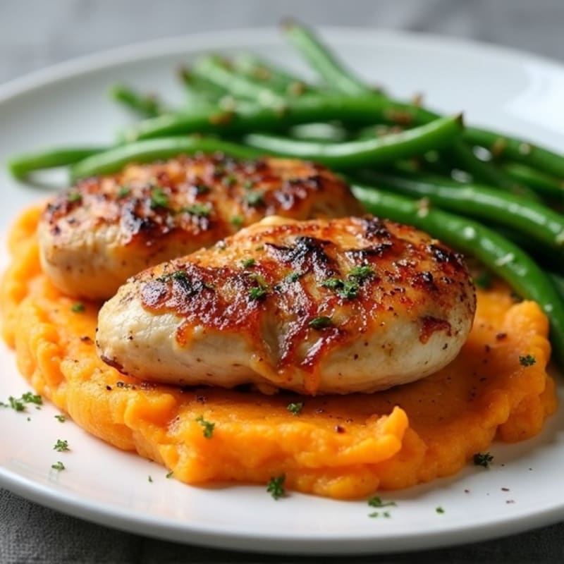 Seared Chicken Thighs with Garlic Green Beans and Sweet Potato Mash