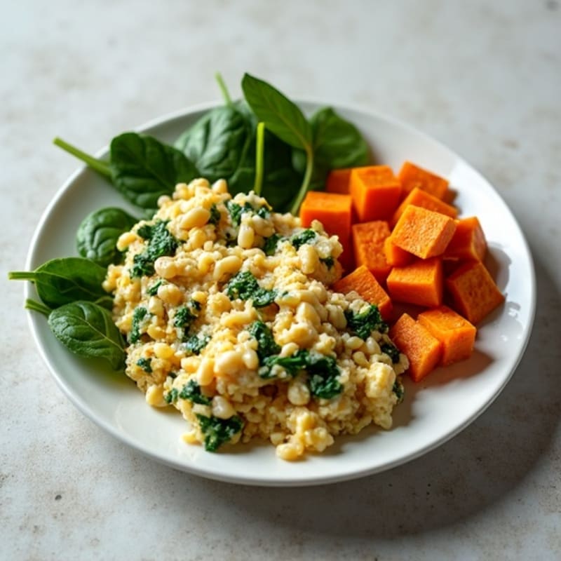 Egg White Spinach Scramble with Turkey Sausage and Roasted Sweet Potatoes