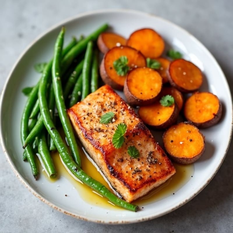 Seared Salmon with Garlic Green Beans and Roasted Sweet Potato