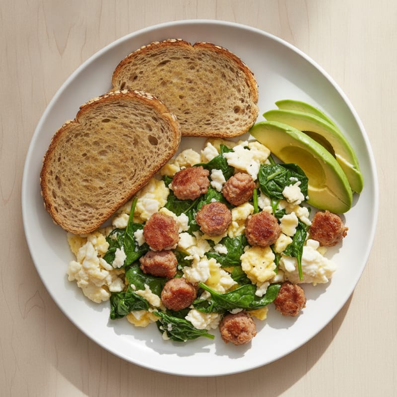 Egg White and Spinach Scramble with Turkey Sausage