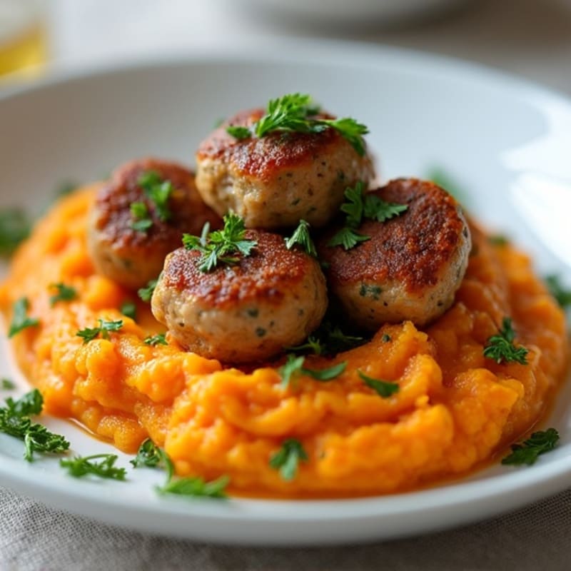 Herb-Seasoned Turkey Meatballs with Sweet Potato Mash