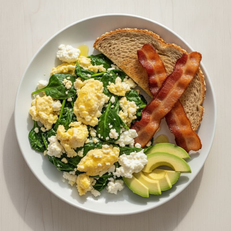 Cottage Cheese Scramble with Spinach and Turkey Bacon