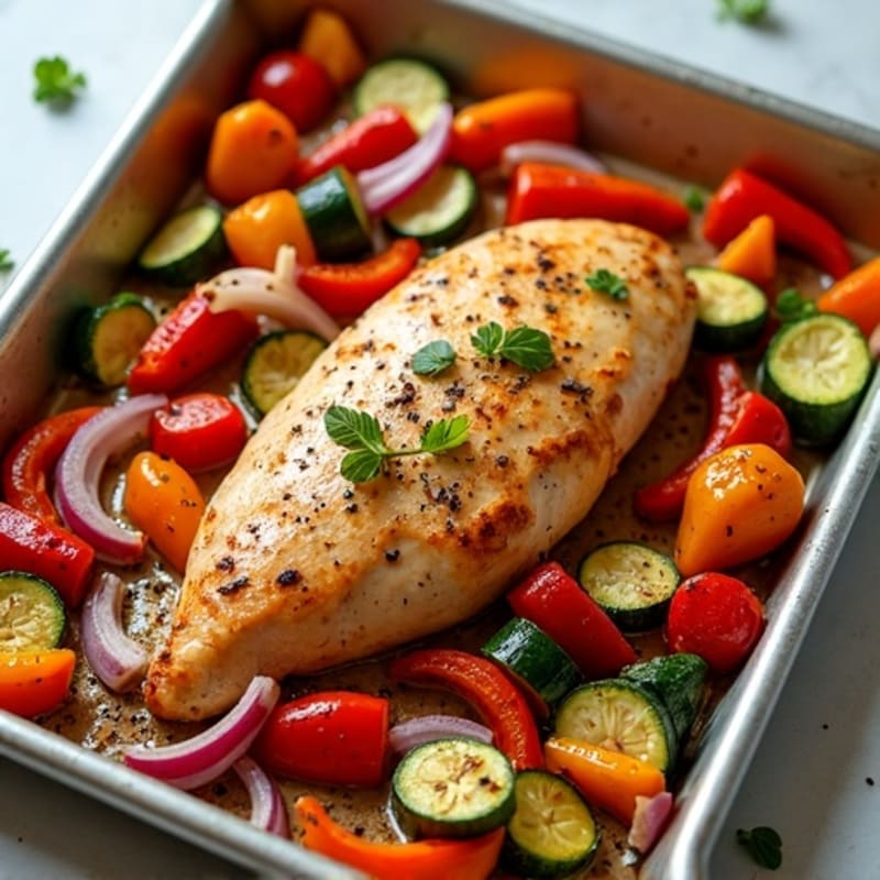 Sheet Pan Chicken and Roasted Vegetables with Creamy Roasted Red Pepper Hummus