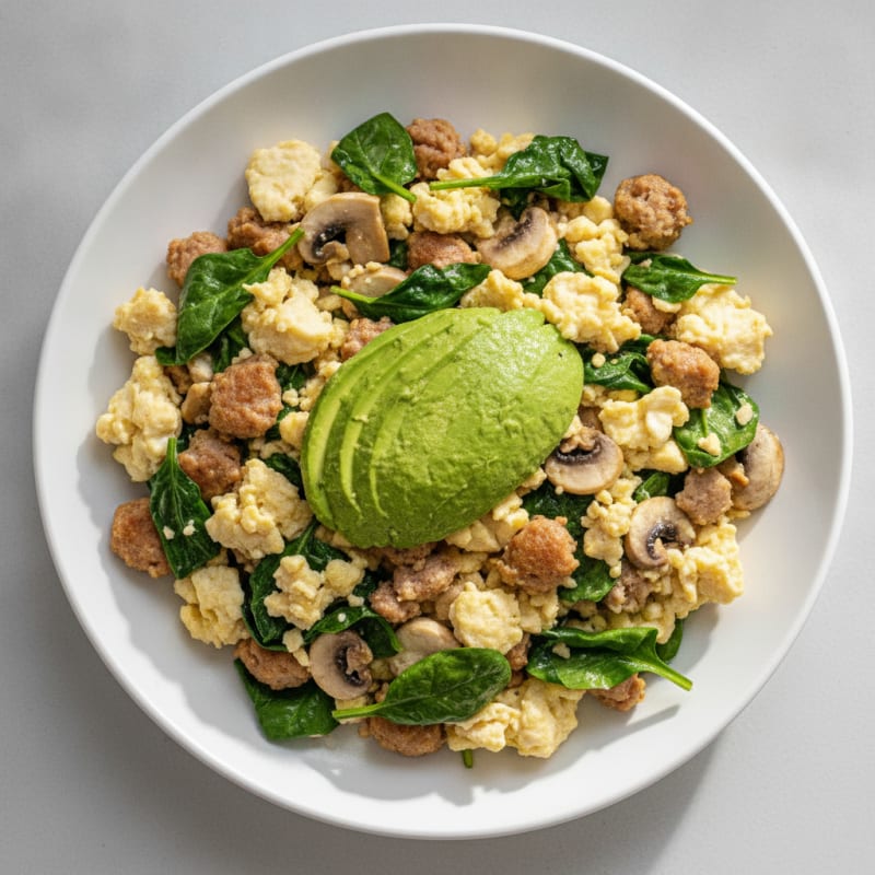 Egg White and Turkey Sausage Scramble with Spinach and Mushrooms