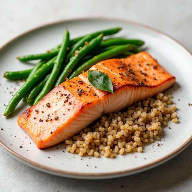 Seared Salmon Fillet with Garlic Green Beans and Brown Rice