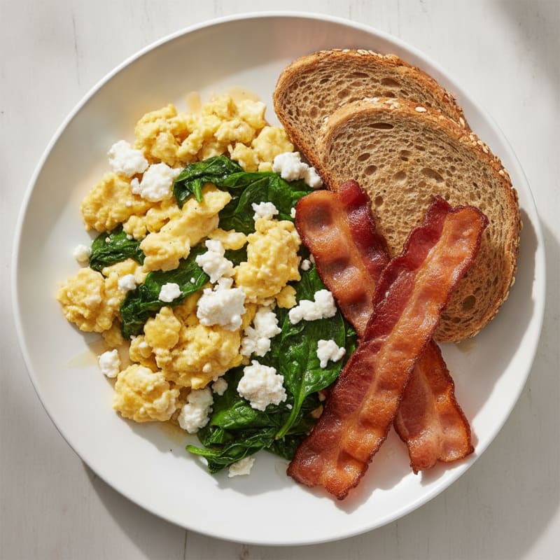 Cottage Cheese Scramble with Sautéed Spinach and Turkey Bacon