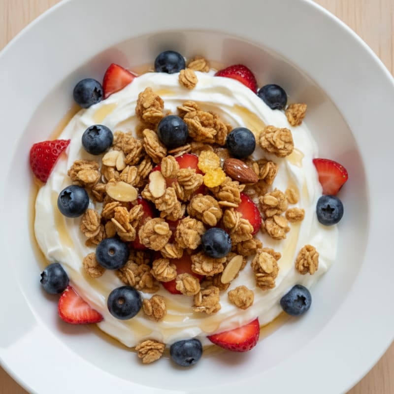 Greek Yogurt Parfait with Crunchy Almond Granola and Fresh Berries
